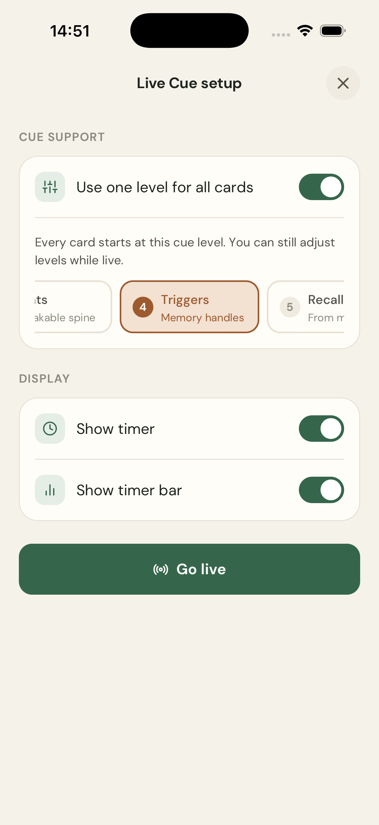 Live Cue setup screen with cue support and timer options