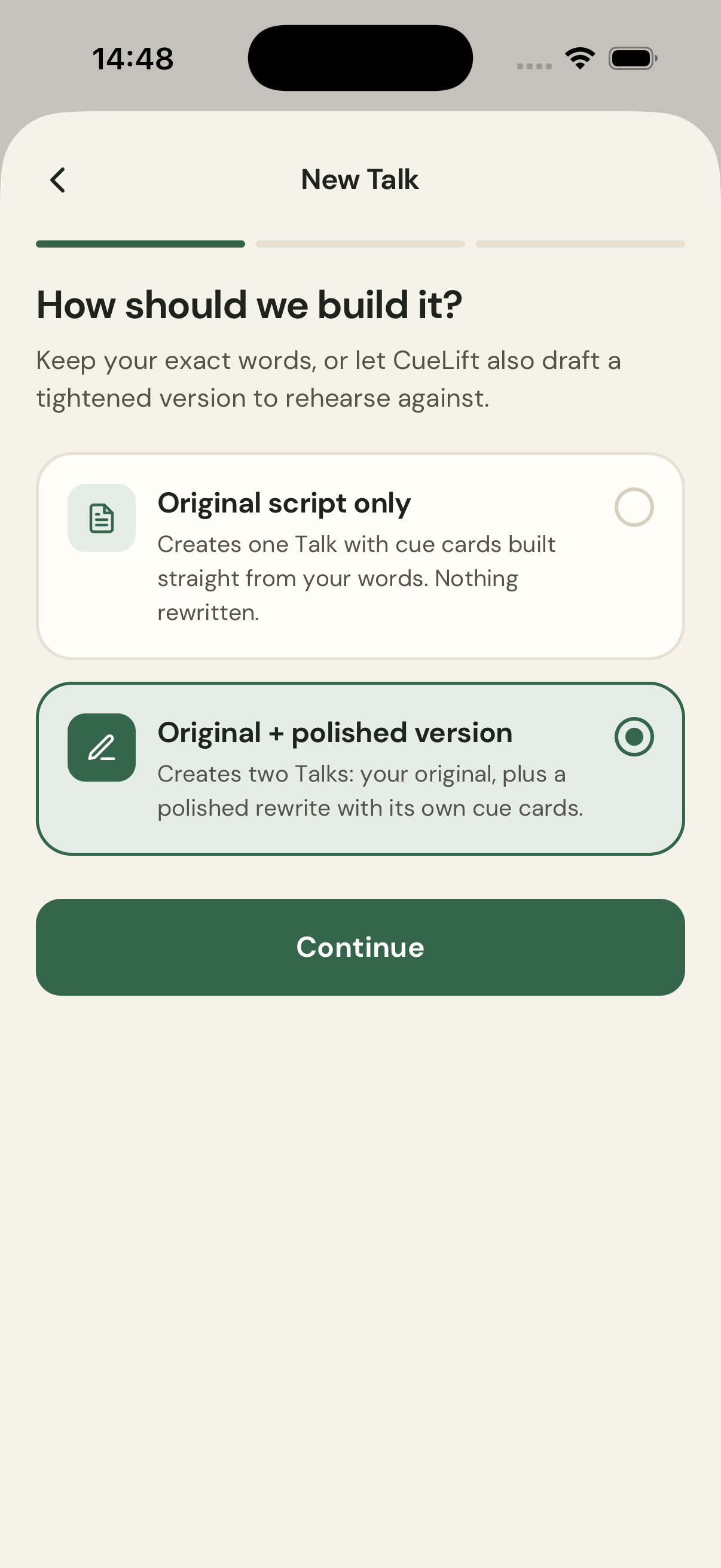 The New Talk version choice screen