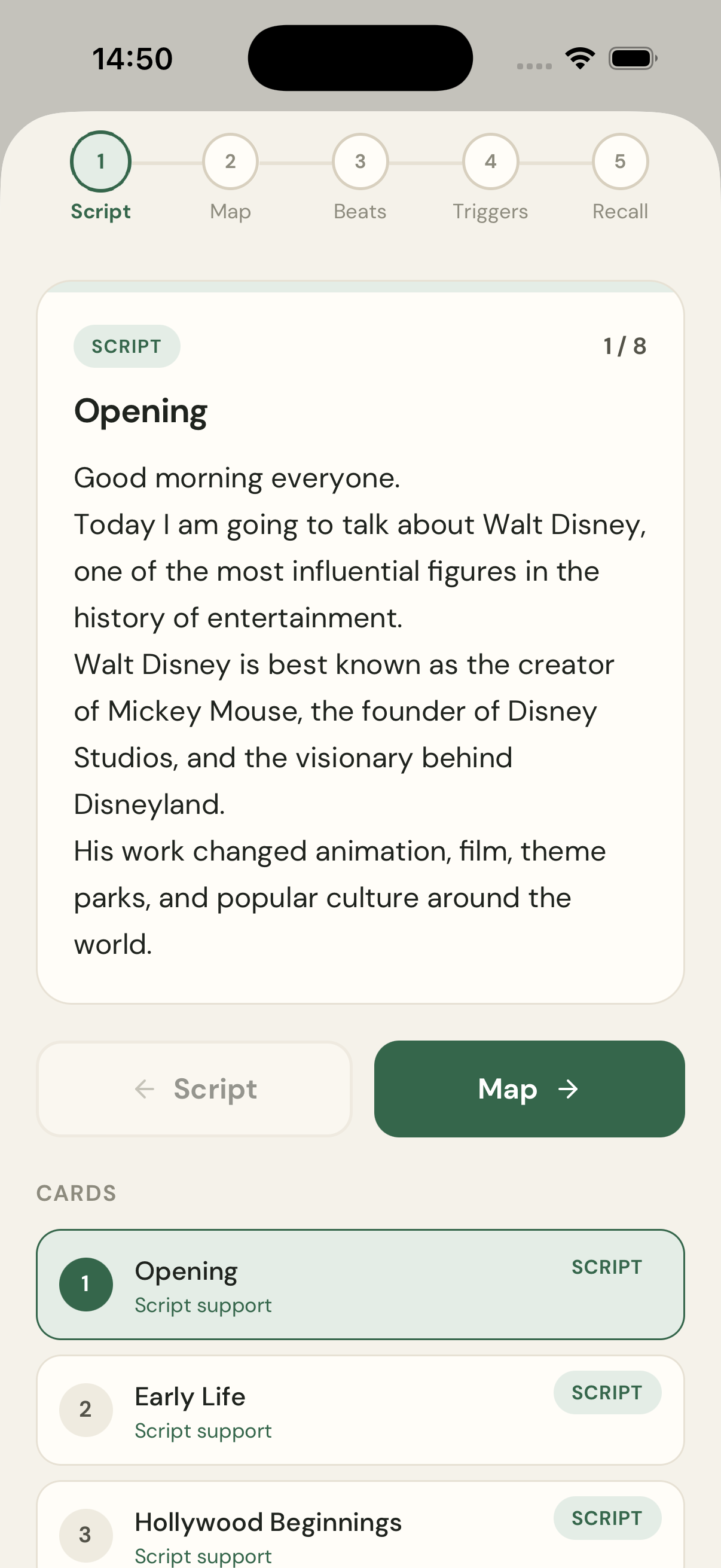 CueLift practice mode showing the Script cue level for the opening card