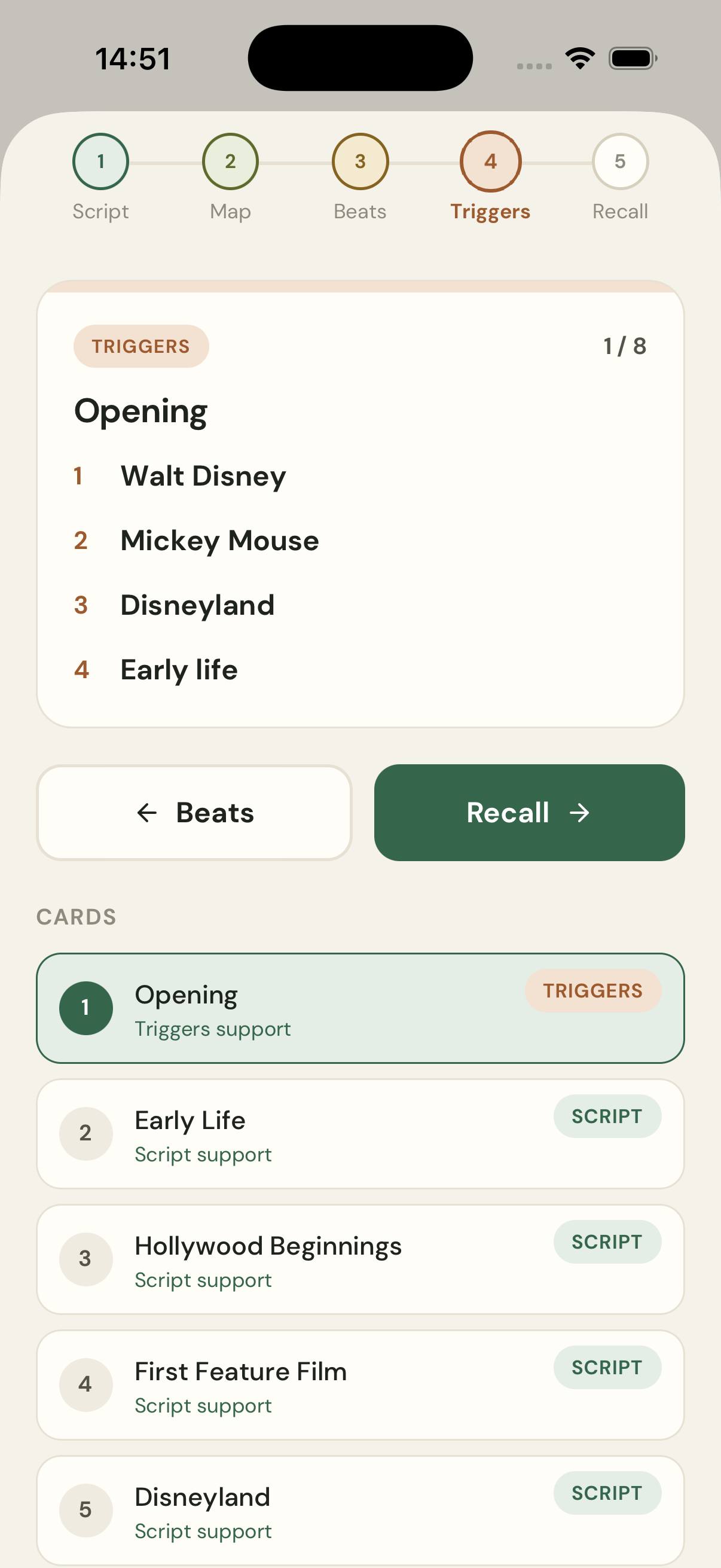 CueLift practice mode showing the Triggers cue level